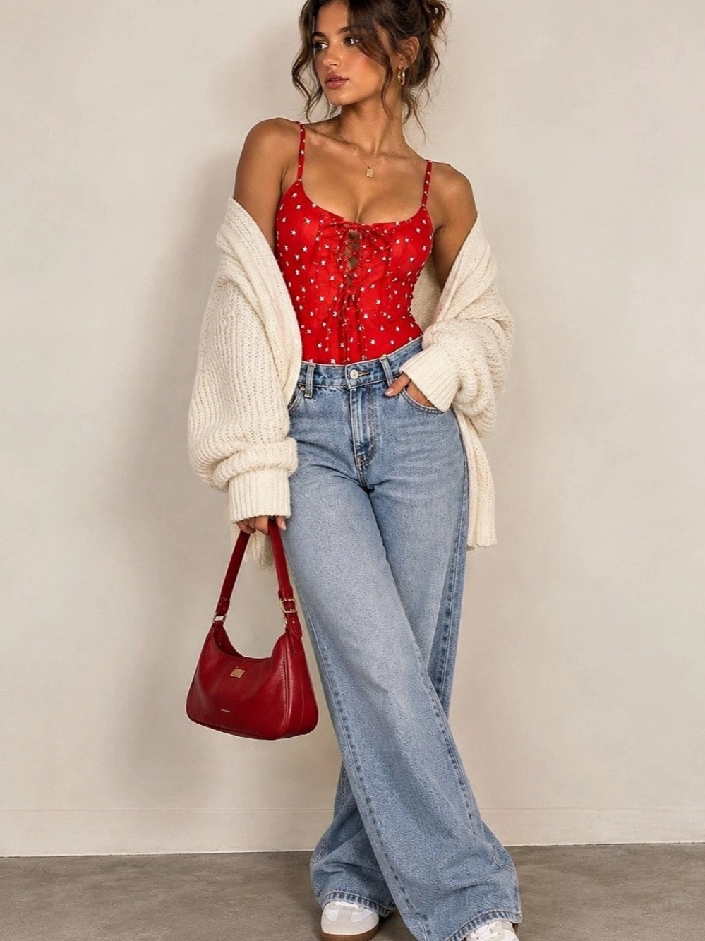 Zara NWT Red Star Print Lace Up Corset Bodysuit Size M Y2K